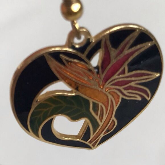 Cloisonné Tropical Flower Heart Shaped Vintage Pierced Earrings - Picture 14 of 14